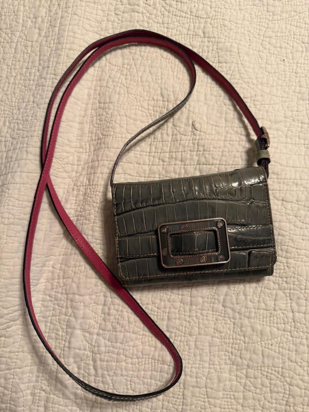 Brighton Gray Croc-Embossed Crossbody with Pink Strap